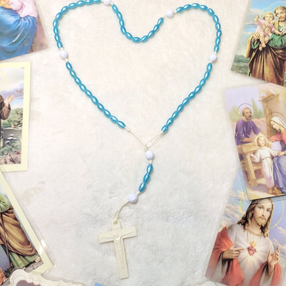 Blue Pearlized Luminous Religious Catholicism Prayer Rosary Beads Necklace  🧿Pl